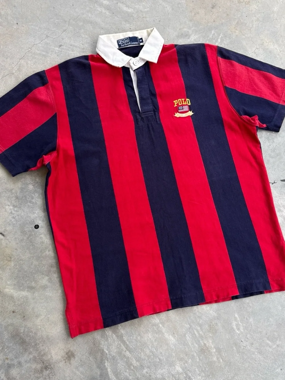 Vintage Polo Ralph Lauren Red Navy Stripe Short Sleeve Rugby Shirt Mens